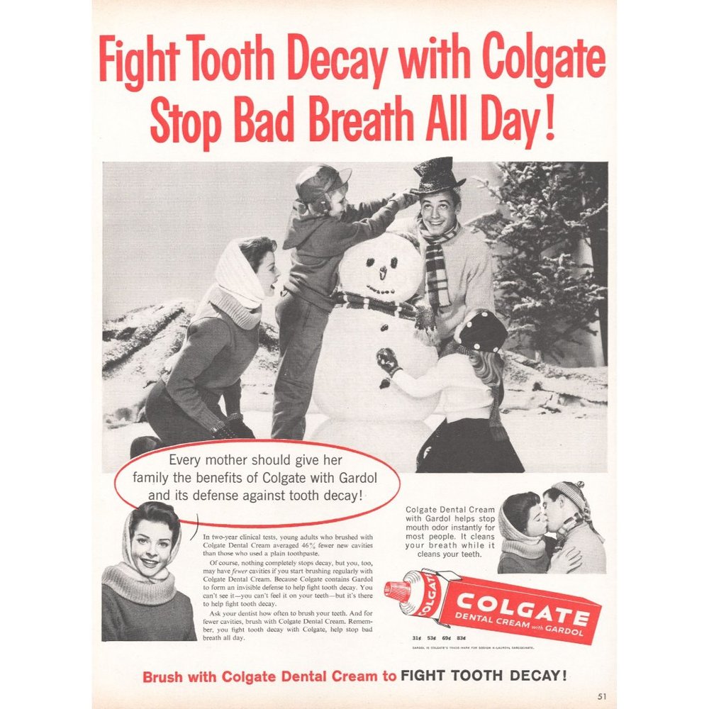 1960 Colgate Toothpaste Dental Cream Vintage Print Ad Family Snowman Winter Art